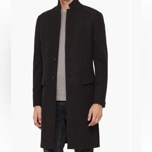 AllSaints Black/Charcoal Glen Plaid Single-Breasted Wool Blend Topcoat